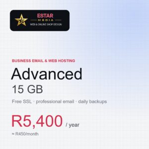 Business Email & Web Hosting Advanced plan, 15 GB, R5,400 per year