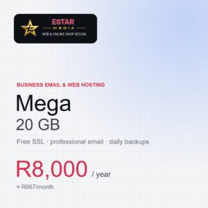 Business Email & Web Hosting Mega plan, 20 GB, R8,000 per year